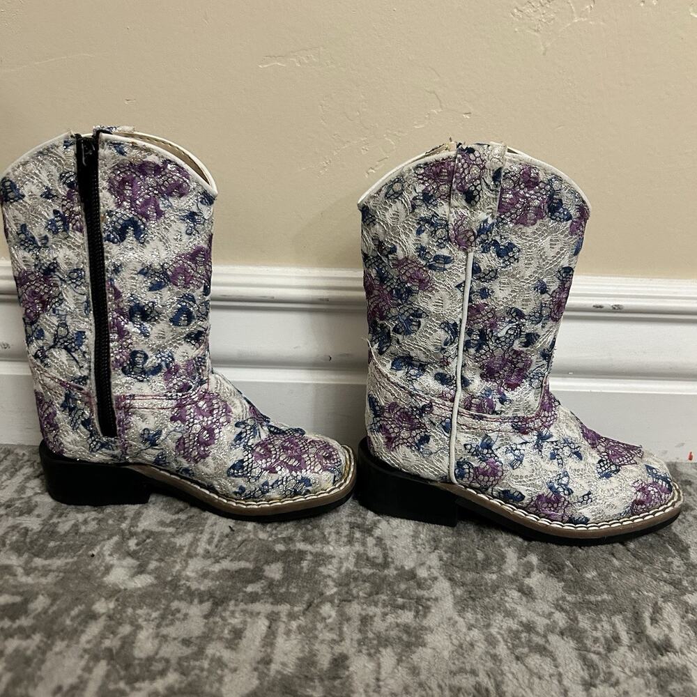 Old West Western Boots Girls Toddler Size 7.0-D Child Floral Sparkle Square Toe - Picture 6 of 12
